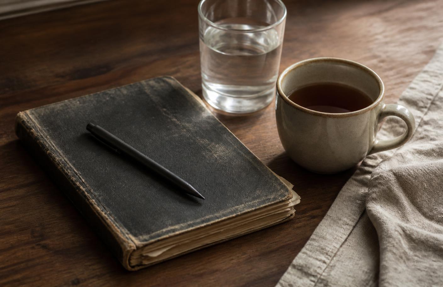 Caderno aberto e uma chávena de chá sobre uma mesa de madeira